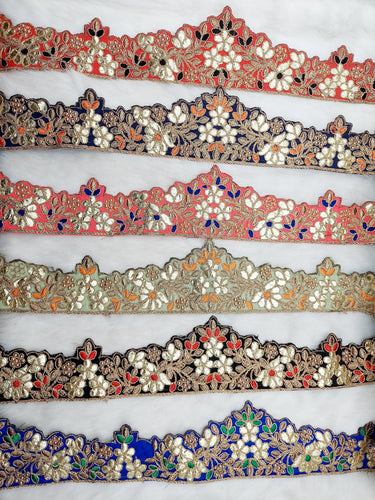 Art Silk Fabric Trim, Floral Embroidery Gold Gota Patti Indian Sari Border Trim By Yard Decorative Trim, Embroidered Indian Foil Work